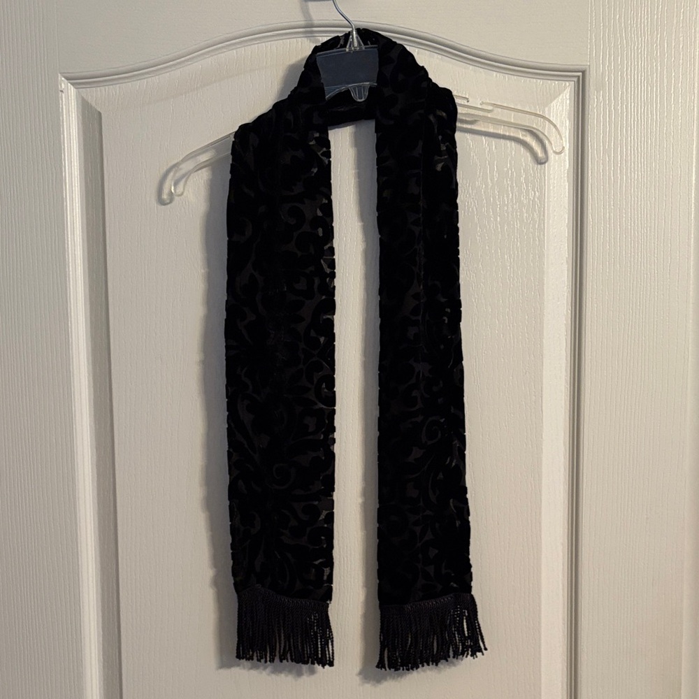 Elegant Black Velvet Scarf with Fringe